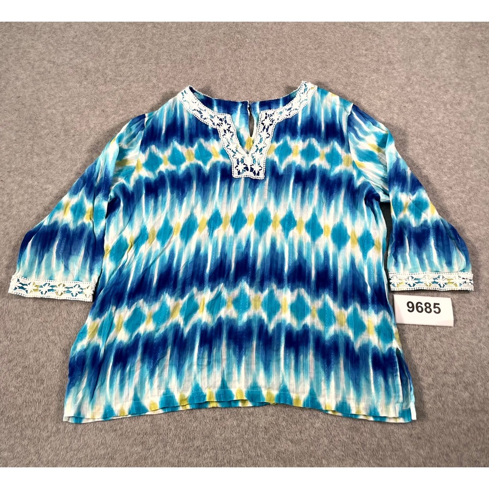 Alfred Dunner Blouse Top Womens 16 Blue Cotton Split Neck Lace‎ Trim Casual